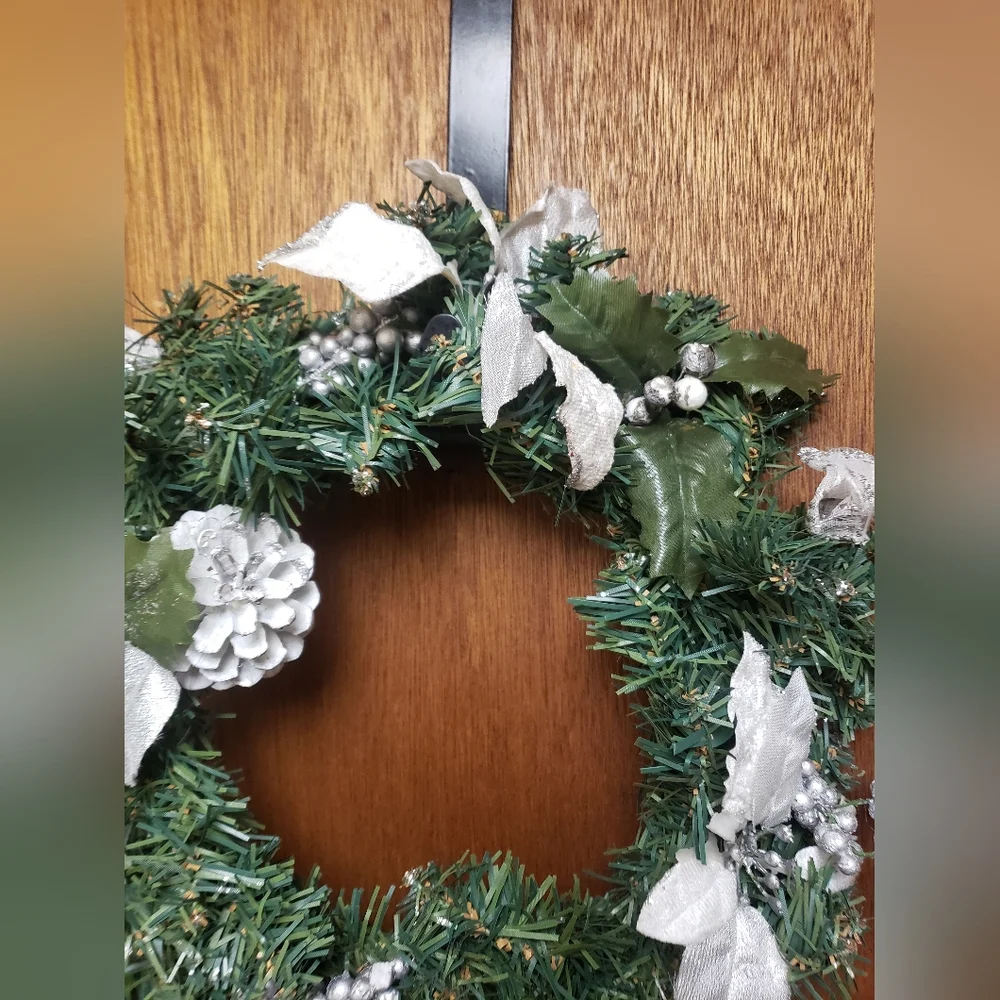 Festive Green White and Silver Holiday Pine Wreath Or Centerpiece 12